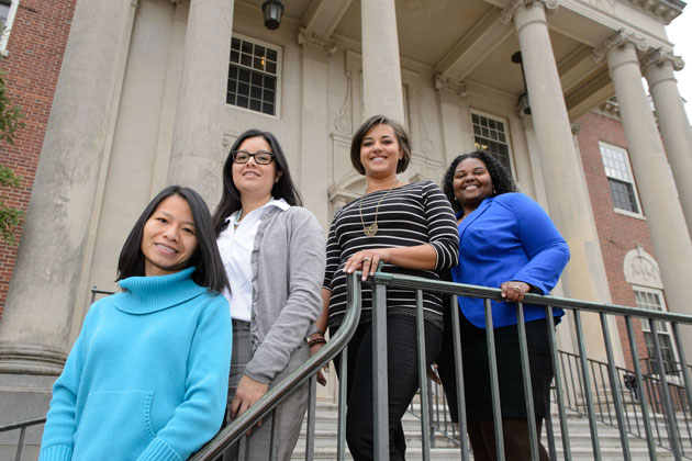The Vice Provost for Diversity Pre-doctoral and Post MFA In-Residence Fellows, from left, Quan Tran, Melissa Huerta, Amanda Almond, and LaToya Eaves. (Peter Morenus/UConn Photo)