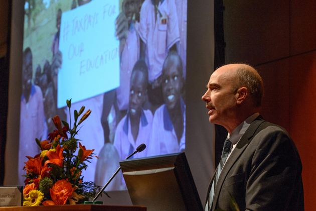 Chris Avery, founder of The Business and Human Rights Resource Centre, accepted the 2013 Thomas J. Dodd Prize in International Justice and Human Rights at Konover Auditorium. (Peter Morenus/UConn Photo)