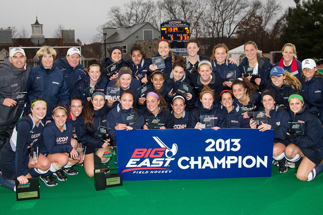 The Huskies gathered to celebrate the 2013 Big East Field Hockey Championship after defeating Old Dominion 1-0 in overtime at the George J. Sherman Family Sports Complex. (Steve Slade '89 (SFA) for UConn)