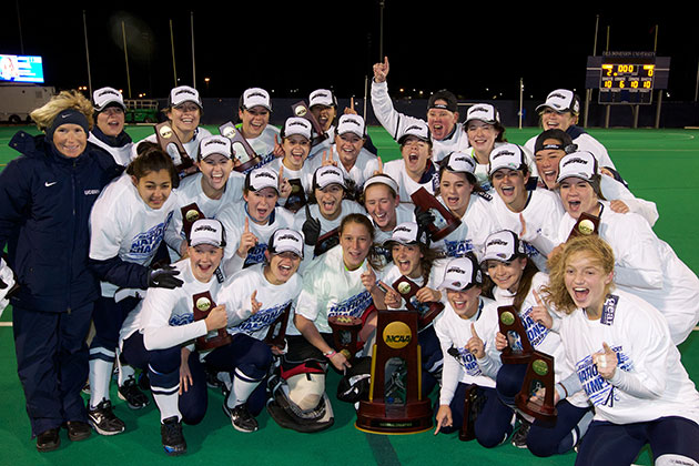 The Field Hockey team poses with the 2013 NCAA National Championship trophy, after beating Duke 2-0 on Nov. 24. (UConn Athletic Communications Photo)