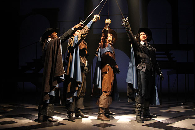 'All for One' From left, Thomas Brazzle (Athos), Anthony J. Goes (Porthos), Will Haden (D’Artagnan), and James Jelkin (Aramis) star in The Three Musketeers at Connecticut Repertory Theatre from Nov. 21 through Dec. 8 in the Harriet S. Jorgensen Theatre. (Gerry Goodstein for UConn)