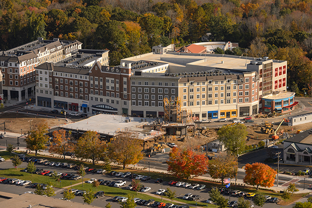 An aerial view of the Storrs Center on Oct. 9, 2013. (Peter Morenus/UConn Photo)