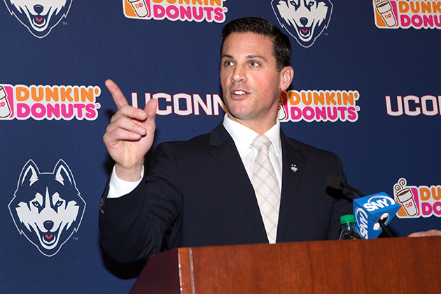 Bob Diaco, UConn's new head football coach, addresses the media at a press conference on Dec. 12. (Stephen Slade '89 (SFA) for UConn)