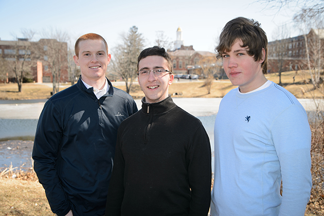 Goldwater scholars Pat Lenehan '15 (CLAS), left, Peter Larson '15 (CANR) and Michael Cantara '16 (ENG) on March 24, 2014. (Peter Morenus/UConn Photo)
