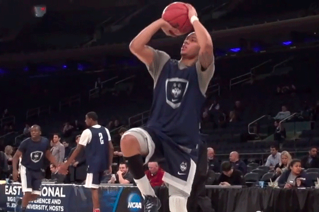 Shabazz Napier prepares to take a shot during practice in New York City on March 27. (Baillie Boggs/UConn Photo)