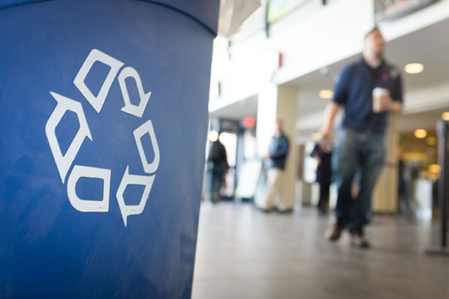 A recycling receptacle at the Student Union. (Peter Morenus/UConn Photo)