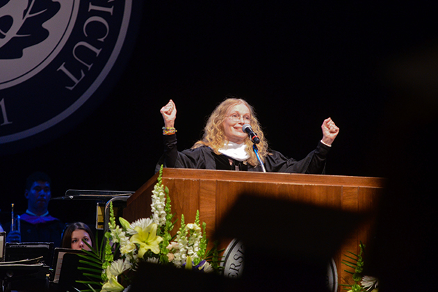 Mia Farrow, actress and advocate, speaks at the School of Fine Arts Commencement Ceremony at Jorgensen Center for the Performing Arts.