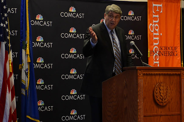 John Schanz, Comcast EVP and Chief Network Officer speaking in Rome Ballroom announcing the establishment of the Center of Excellence for Security Innovation (CSI) at UConn.