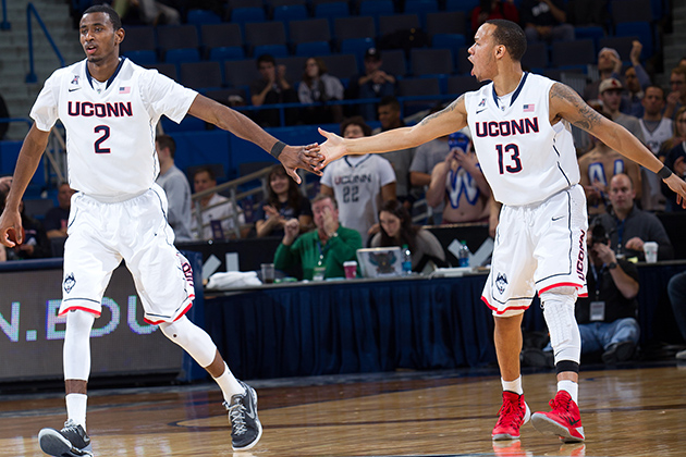 Deandre Daniels, left, and Shabazz Napier are the first UConn players drafted to the NBA since Kevin Ollie became head coach in 2012-13, 39th and 40th since 1964. (Stephen Slade '89 (SFA) for UConn)