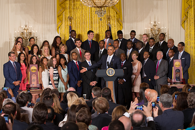 President Obama addresses the UConn men's and women's basketball teams and guests in the White House East Room on June 9, 2014.(Stephen Slade '89 (SFA) for UConn)