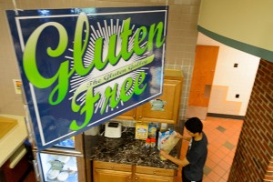 The gluten-free section in the South Campus dining hall. Each of UConn’s eight residential dining units has a special gluten-free area that stocks strictly gluten-free foods. (Peter Morenus/UConn Photo)