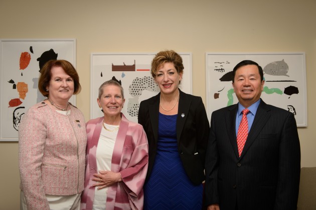 Regina Cusson, dean of nursing, left, Robin Froman, President Susan Herbst, and Provost Mun Choi at the President's office on Aug. 22, 2014. (Peter Morenus/UConn Photo)