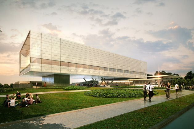An artist's rendering of the future Innovation Partnership Building to be located at the UConn Technology Park. (Image courtesy of Skidmore, Owings & Merrill)