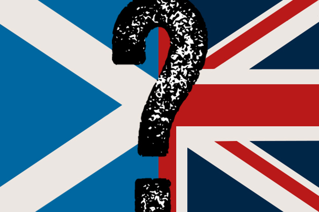 A flag comprising half the Scottish flag and half the Union Jack, with a question mark down the center. (John Bailey/UConn Image)