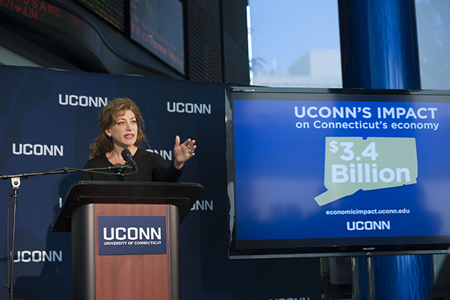 University President Susan Herbst speaks at an event to announce the results of a study on the economic impact of the university held at UConn’s SS&C Technologies Financial Accelerator in Hartford on Sept. 17. (Peter Morenus/UConn Photo)