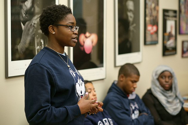 Lordie Rene '18 (CLAS) speaks as part of a panel on suicide at the African American Cultural Center on Sept. 25, 2014. (Peter Morenus/UConn Photo)