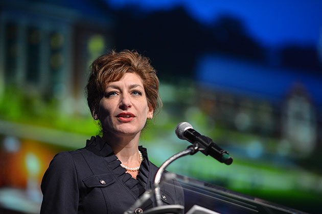 President Susan Herbst gives the State of the University address at the Jorgensen Center for the Performing Arts on Oct. 16. (Peter Morenus/UConn Photo)