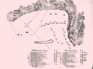 Map of the Battle of Scarborough harbor, 1677.