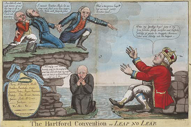 A cartoon depicting the Hartford Convention (Dec. 15, 1814-Jan. 5, 1815), a secret meeting of Federalist delegates from Connecticut, Rhode Island, Massachusetts, New Hampshire, and Vermont, at Hartford, Conn., inspired by Federalist opposition to President James Madison’s mercantile policies and the War of 1812. (Historicalstockphotos.com Image)