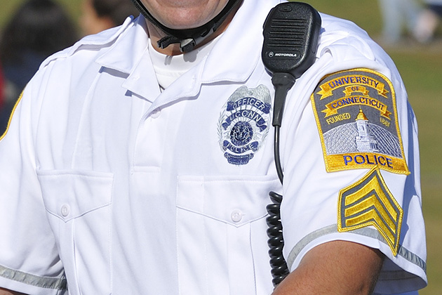 A UConn police officer's badge. (Peter Morenus/UConn Photo)