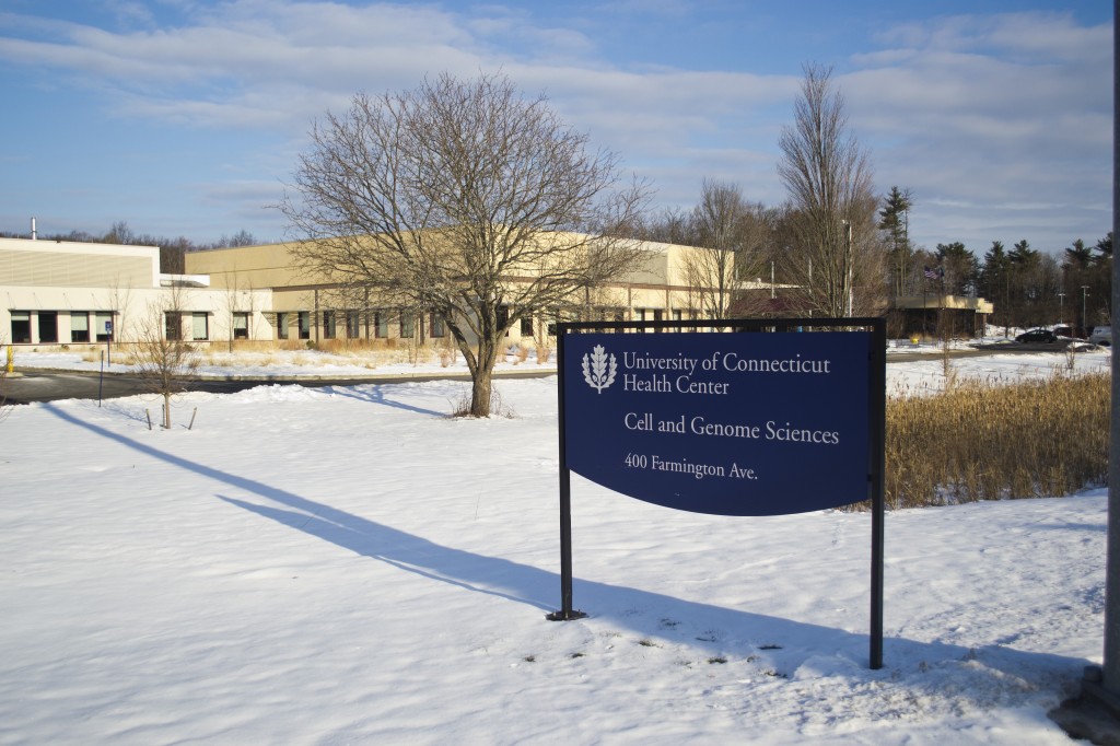 The Cell and Genome Sciences Building in winter, located at 400 Farmington Avenue on the UConn Health Center campus. (Tina Encarnacion/UConn Health Photo)