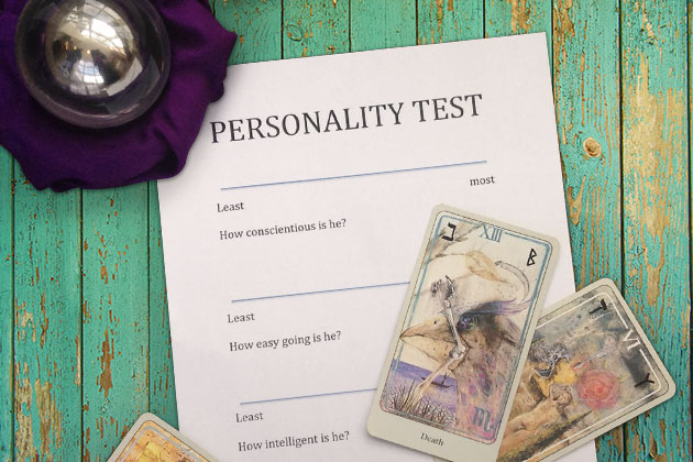 A personality test questionnaire, with Tarot cards and a crystal ball. (Yesenia Carrero/UConn Photo)