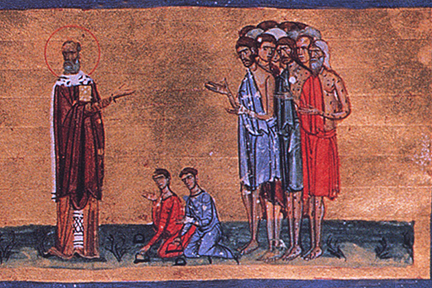 Detail from the front page to Gregory Nazianzen's fourth-century sermon On Love of the Poor, depicting Gregory trying to persuade aristocratic Christians to give to lepers. It comes from the 11th cent. MS Jerusalem Taphou 14, fol. 264v, published in P.L. Vocotopoulos, Byzantine Illuminated Manuscripts of the Patriarchate of Jerusalem (Athens and Jerusalem: Greek Orthodox Patriarchate of Jerusalem, 2002), 167.