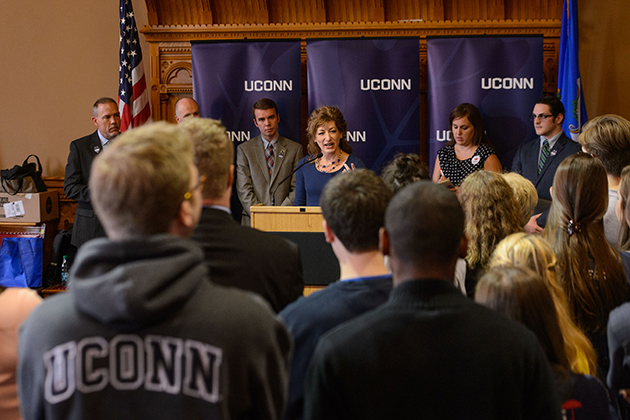 President Susan Herbst speaks at an event at the Old Judiciary Room at the State Capitol on April 14, 2015. (Peter Morenus/UConn Photo)