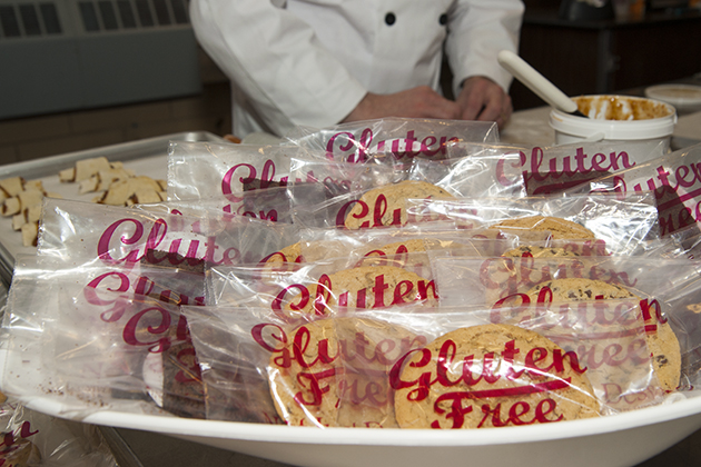 Rob Landolphi of Dining Services prepares desserts in the first gluten-free bakery on a college/university campus on April 7, 2015. (Sean Flynn/UConn Photo)