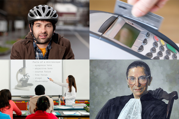 A composite of four images representing the mindset of the Class of 2015, clockwise from top left, a young man wearing a bike helmet; a person swiping a bank card; a portrait of Supreme Court Justice Ruth Bader-Ginsburg; and a teacher using a smartboard in a classroom. (iStock Photos)