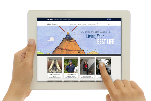 UConn Magazine's Spring 2015 issue shown on a tablet.