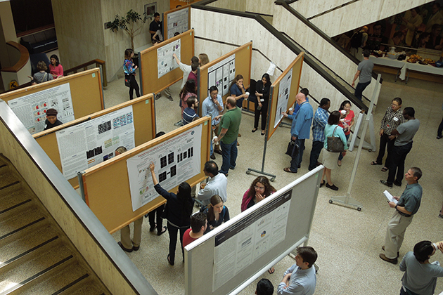 The poster session for Graduate Research Day 2015 was held in the lobby of the Academic Lobby of the Main Building. (Stephanie Rauch/UConn Health Photo)