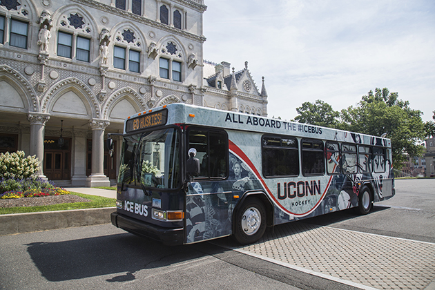 The UConn Ice Bus arrives at the State Capitol. (Nicki Steneri, GO Media, for UConn)