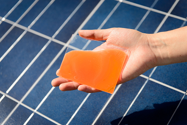 Samples of a gel that increases the efficiency of solar electric panels on Sept. 18, 2015. (Peter Morenus/UConn Photo)