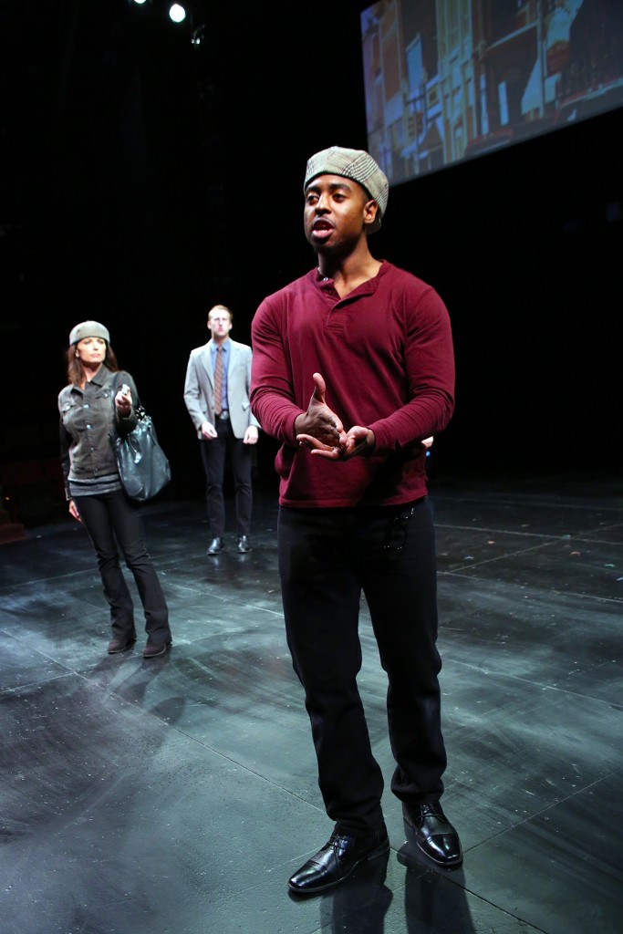 MFA student Bryce Wood, front, Brandy Burre, center, and Josh McCabe in THE LARAMIE PROJECT by Moisés Kaufman and the members of Tectonic Theatre Project onstage in Connecticut Repertory Theatre’s Nafe Katter Theatre from October 8-18, 2015. Tickets and Info at crt.uconn.edu. Photo by Gerry Goodstein
