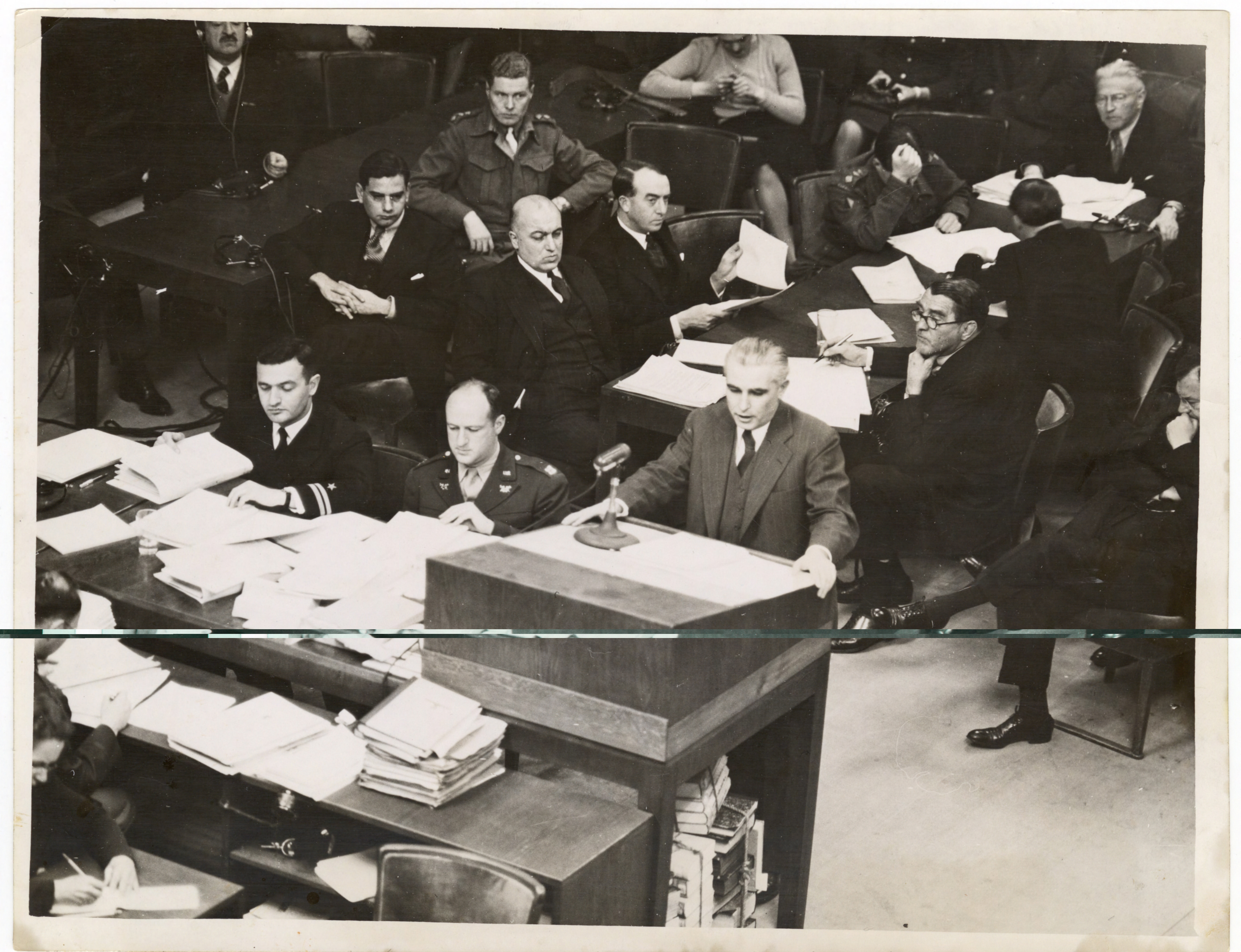 Thomas J. Dodd addressing the International Military Tribunal in Nuremberg. (Thomas J. Dodd Papers, Archives & Special Collections at the Thomas J. Dodd Research Center, University of Connecticut Libraries)