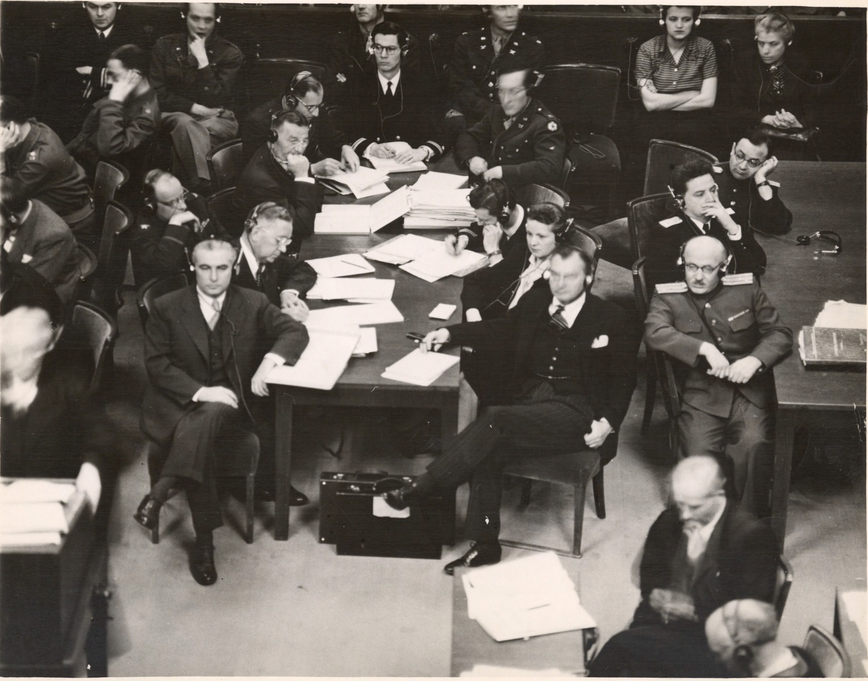 Thomas J. Dodd, front left, executive trial counsel, and Robert Jackson, front right, chief U.S. prosecutor and associate justice of the Supreme Court of the United States at the International Military Tribunal in Nuremberg. (Thomas J. Dodd Papers, Archives & Special Collections at the Thomas J. Dodd Research Center, University of Connecticut Libraries)