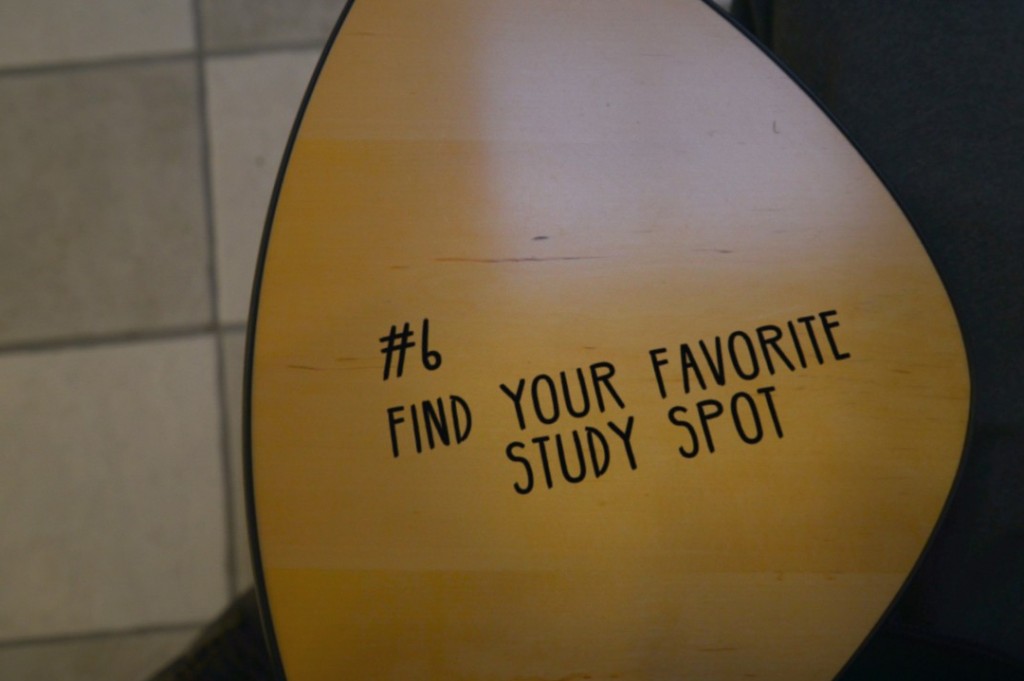 A chair desk illustrating January's UConn Bucket List item, Find Your Favorite Study Spot. (Elizabeth Caron/UConn Photo)