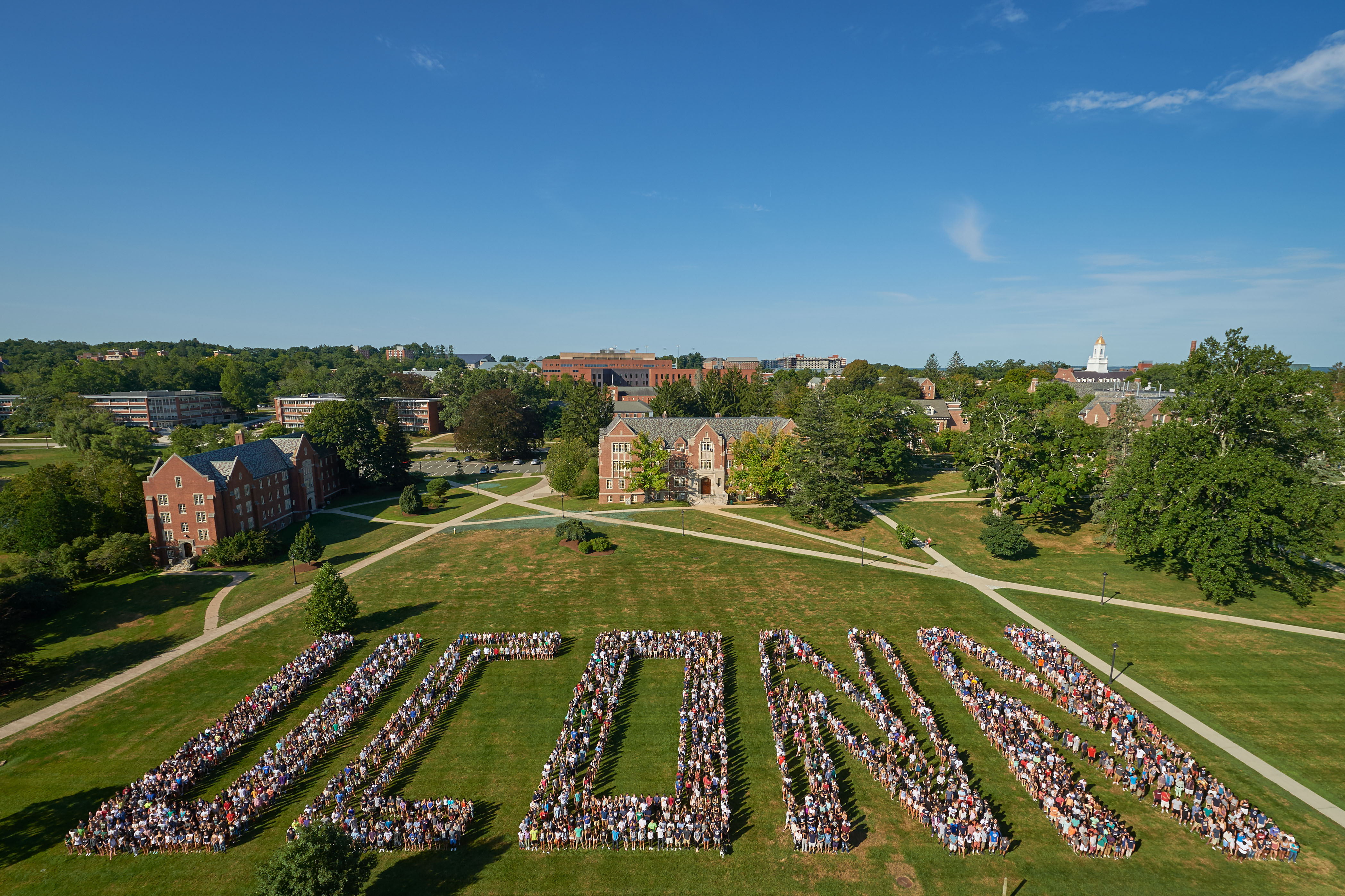More than 3,000 members of the UConn Class of 2019 pose for a photo on the Great Lawn at the Storrs Campus on Aug. 29, 2015, at the start of their careers at UConn. (Peter Morenus/UConn Photo)