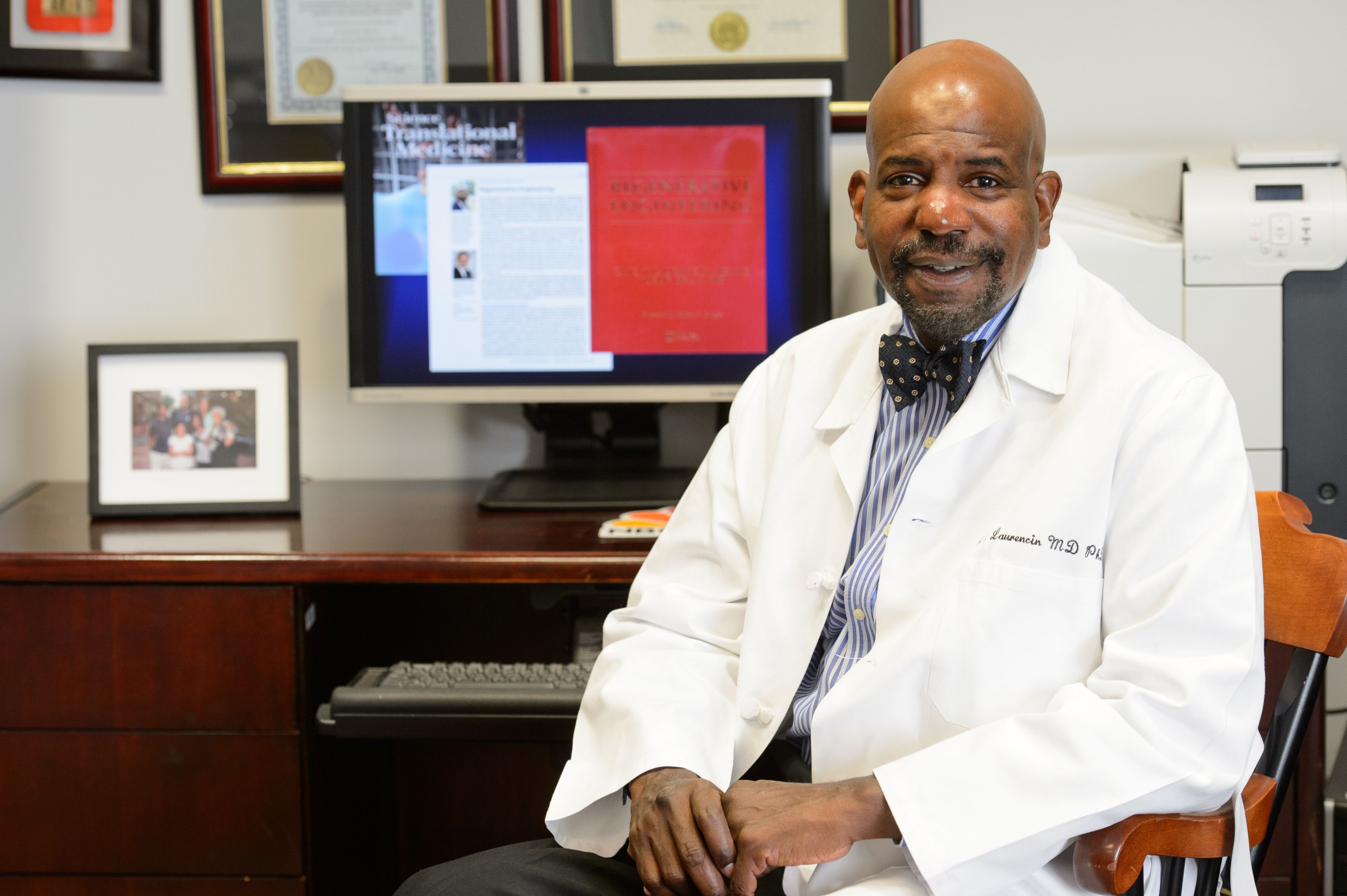 Dr. Cato Laurencin at his office at UConn Health in Farmington on Oct. 6, 2014. (Peter Morenus/UConn Photo)