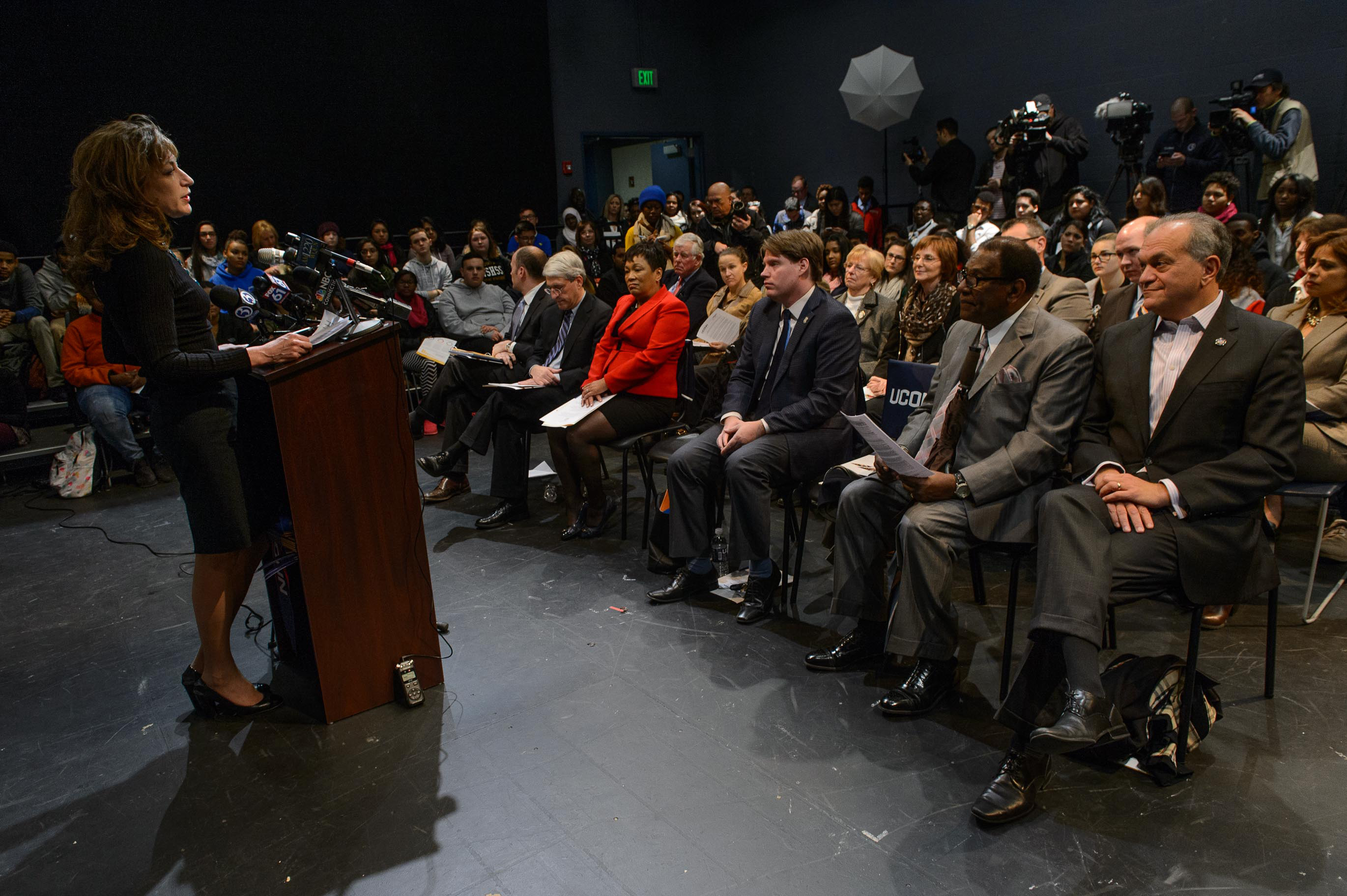 President Susan Herbst speaks during an event to announce an additional financial commitment for New Haven Promise students held at the Cooperative Arts and Humanities High School in New Haven on Dec. 1, 2015. (Peter Morenus/UConn Photo)