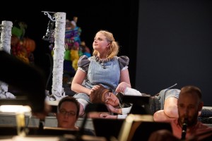 A dress rehearsal for UConn Opera's presentation of "Hansel and Gretel" at the Jorgensen Center for the Performing Arts on Jan. 27, 2016 with Caroline O’Dwyer ’11 (SFA) as Hansel, Katelyn Lewis ’15 (SFA) as Gretel and Spencer Hamlin ’13 (SFA) as the witch. (Peter Morenus/UConn Photo)