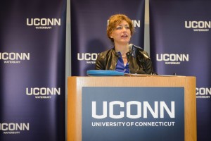 President Susan Herbst speaks during the dedication ceremony for the Rectory Building at the Waterbury Campus on Jan. 5, 2016. (Peter Morenus/UConn Photo)