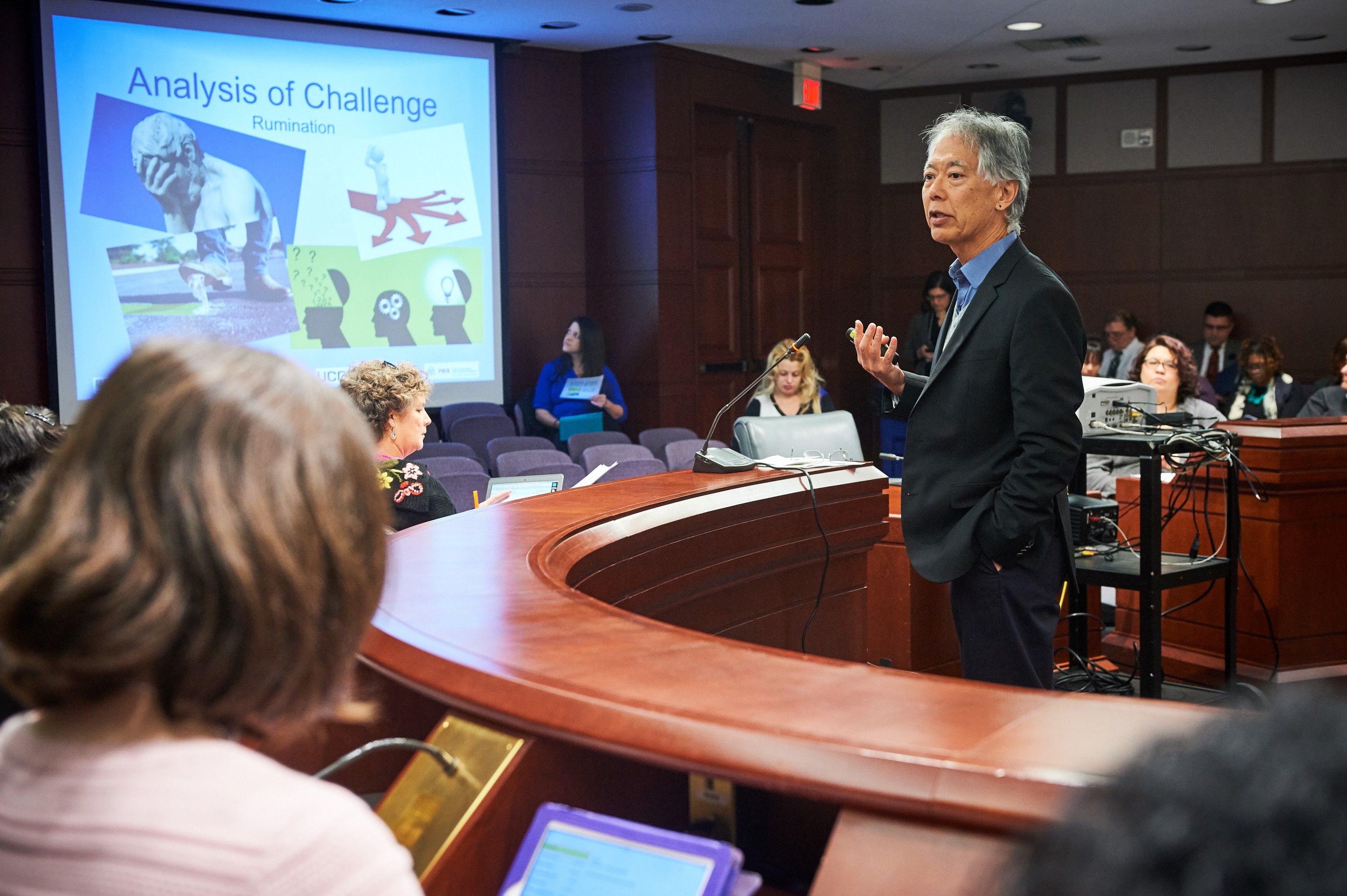 George Sugai, professor of educational psychology, speaks during a presentation on hands-off behavioral interventions held at the Legislative Office Building at the state capitol on Jan. 27, 2016. (Peter Morenus/UConn Photo)