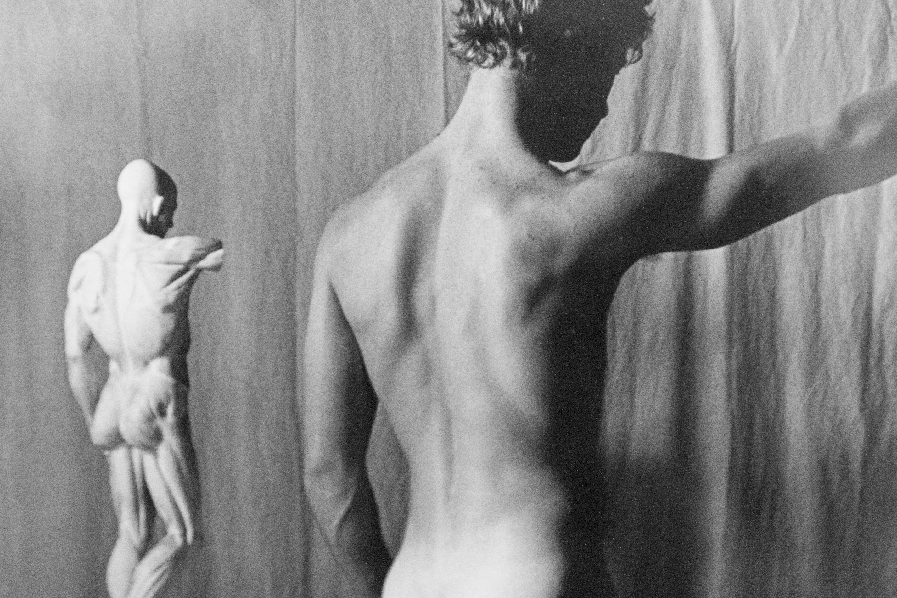 Male Nude with Houdon Ecorche II, no date, Roger L. Crossgrove, gelatin silver print, part of the 'Stark Imagery: The Male Nude in Art' exhibit at the Benton Museum. (Sean Flynn/UConn Photo)
