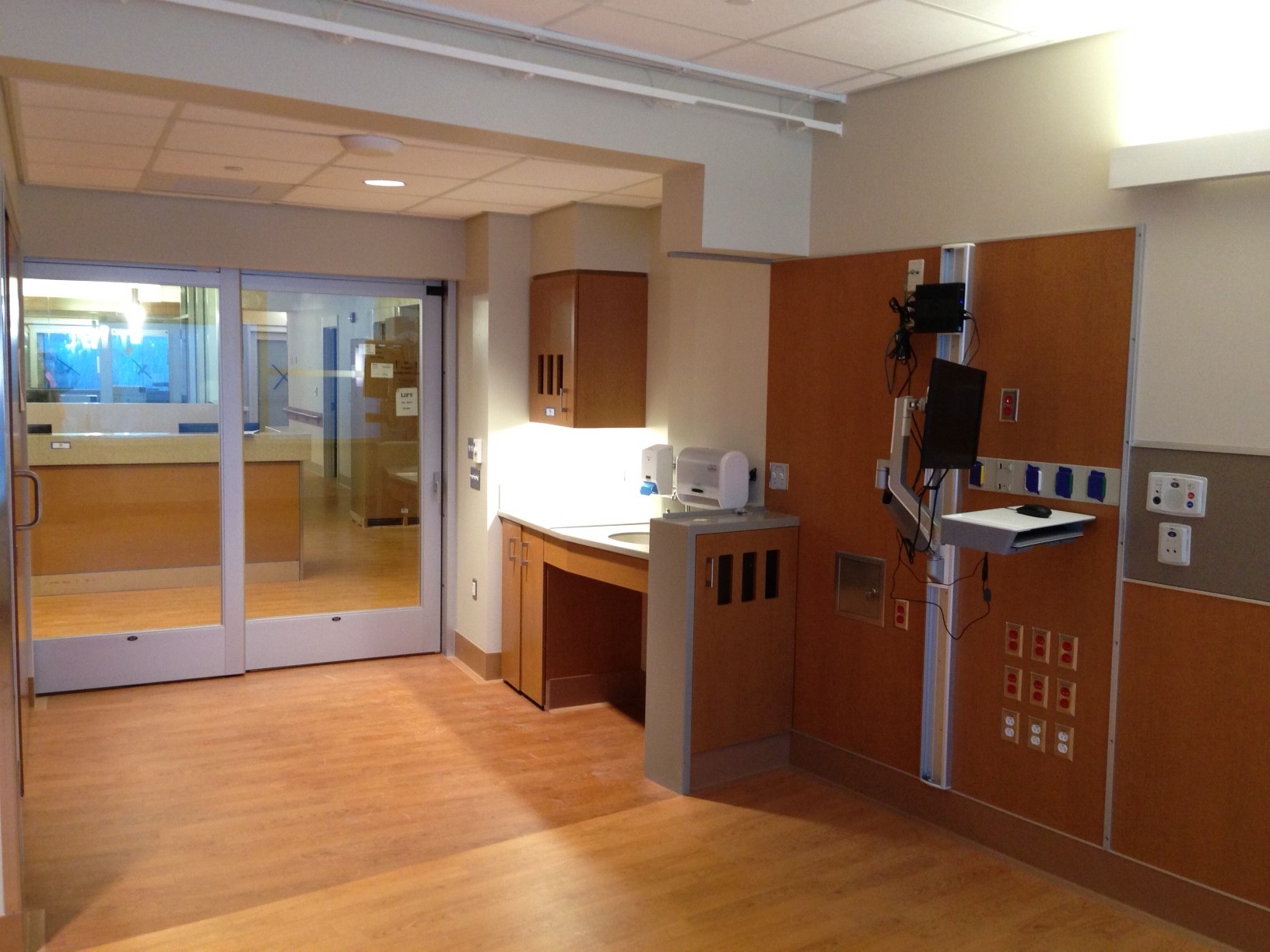 Patient rooms in the new hospital tower at UConn Health are private and larger. Most will have ceiling lifts that minimize fall risk to patients and injury risk to clinical staff. (Photo by Frank Barton)