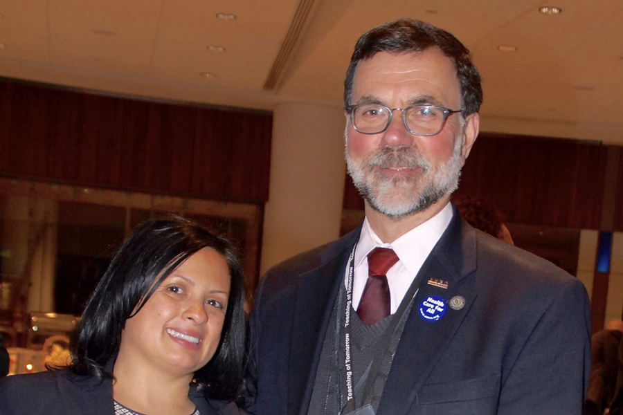 State legislative leaders recently recognized Maritza Bond, executive director of Eastern AHEC, and UConn Health's Dr. Bruce Gould, for their long-term commitment to community service. (Photo by Ellen Ravens-Seger)