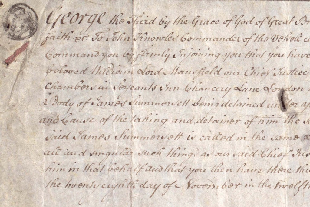 Writ of habeas corpus issued for James Somerset (‘James Summersett’), Nov. 28, 1771, by Lord Mansfield, Chief Justice of the King’s Bench. (Copyright The National Archives, United Kingdom)