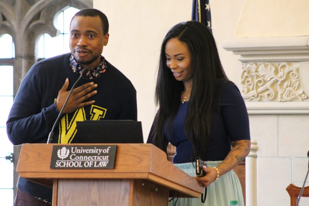 Kim Katrin Milan and her husband, Tiq Milan, delivered the keynote address at the symposium LGBTQ Youth and the Law at UConn School of Law on March 4, 2016.