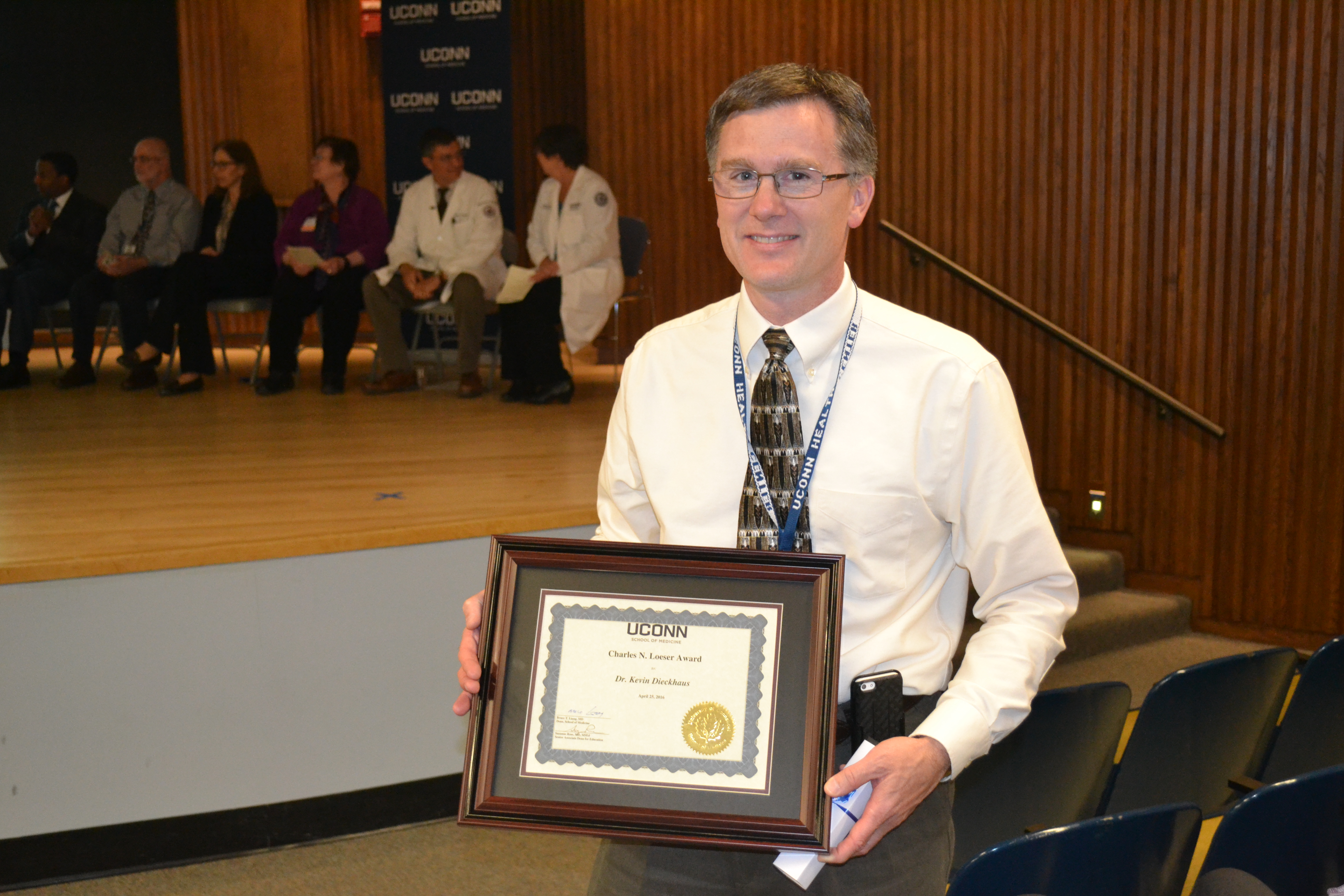 Chief of Infectious Diseases Dr. Kevin Dieckhaus won this year's Loeser Award during the School of Medicine's Spring Awards Night ceremony April 25, 2016. (Photo by Carolyn Pennington)